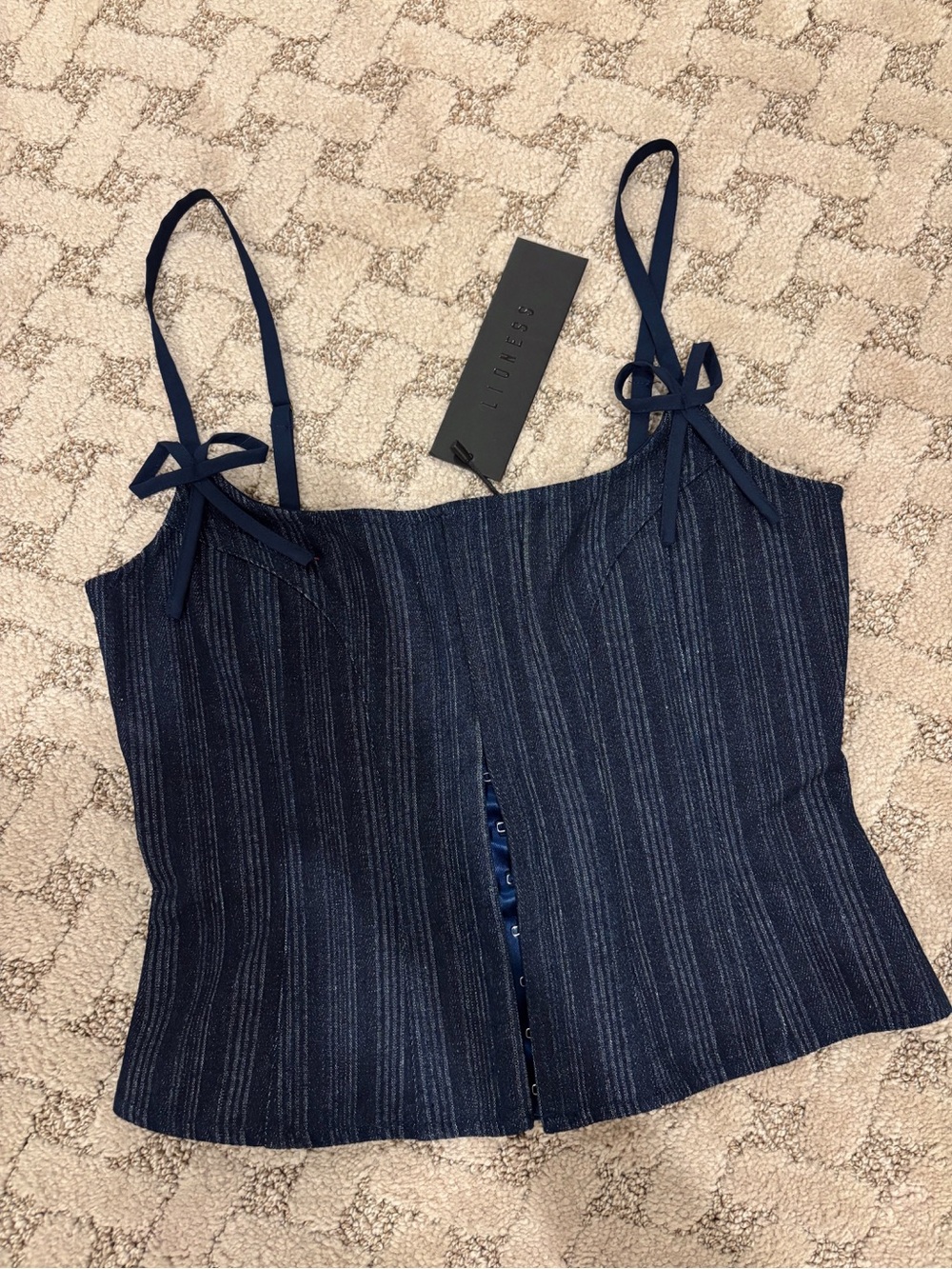 LIONESS Charismatic Denim Corset in Dark Pinstripe